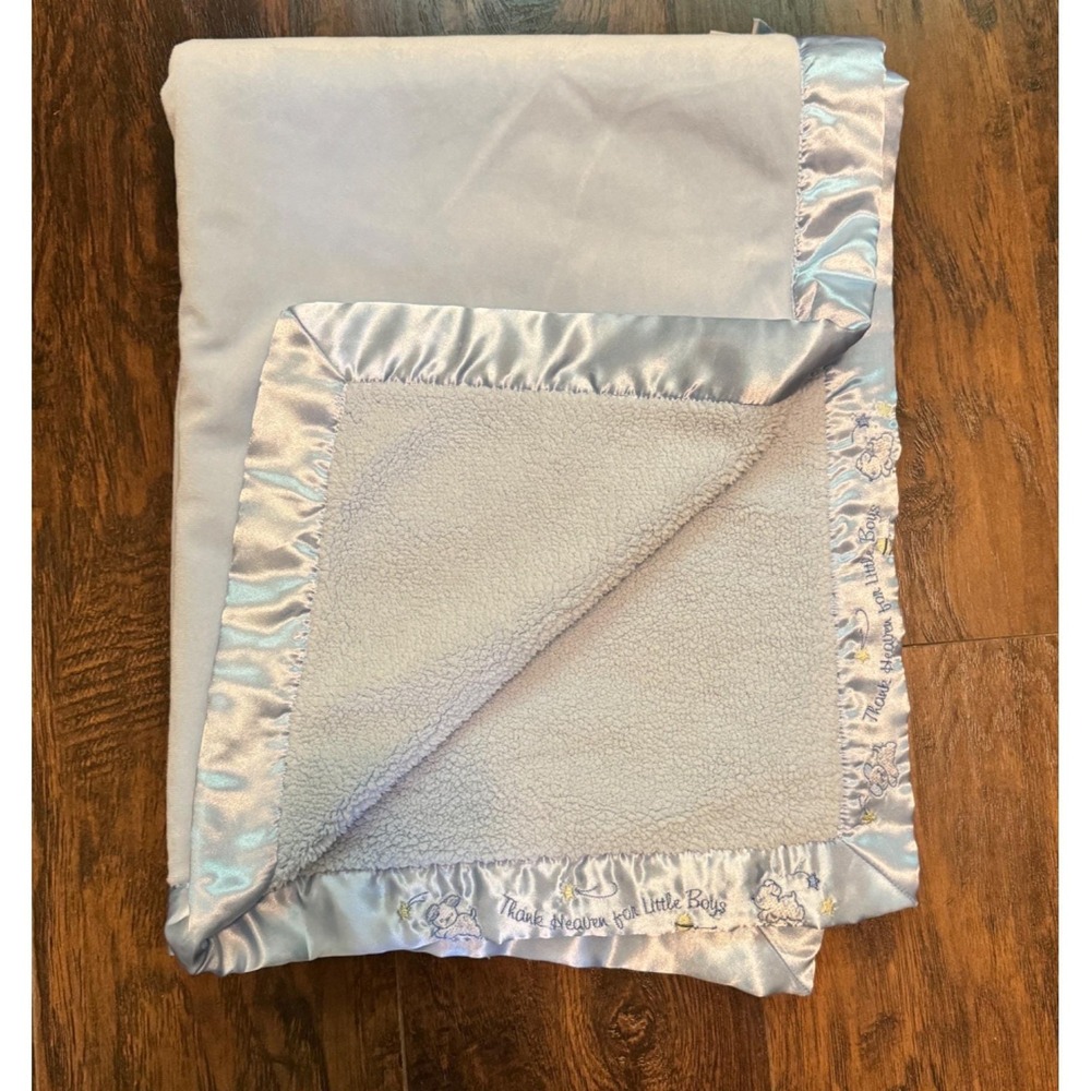 Just Born Blue Baby Reversible‎ Blanket Puppy Dog Embroidered Satin Trim 30 x 40